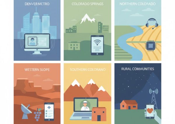 Colorado showing regions served by telehealth psychiatric services, including Denver Metro, Colorado Springs, Northern Colorado, Western Slope, Southern Colorado, and rural communities, with icons representing cities and telehealth connections.